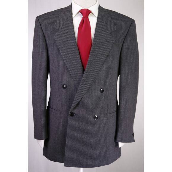 Gianni Versace Vintage 90s Gray Striped Double Breasted Wool Mohair Suit 40R - Picture 2 of 11